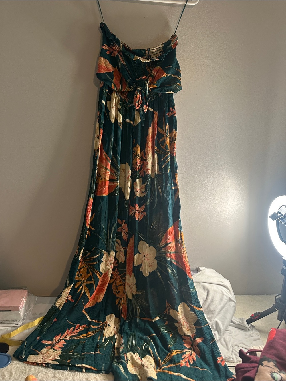 Patrons of Peace Dark Green Floral Maxi Dress with Coral and Cream Accents